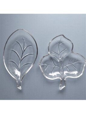 Glass Dish Candy Trinket VTG 2 Clear Leaf 3 Part Divided Bowl Nuts Server Retro